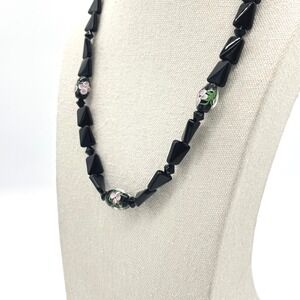 Vintage Black Glass Geometric Floral Lampwork Beaded Necklace 22" Pink Flower